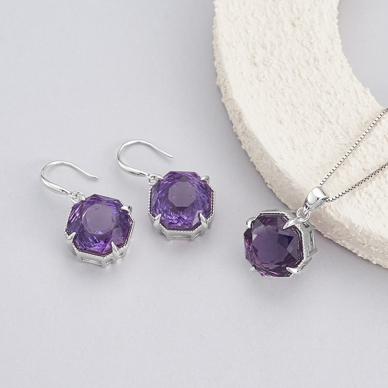 Hexagonal Amethyst Earrings - 925 Silver Geometric Ear Hooks - Light Luxury Design