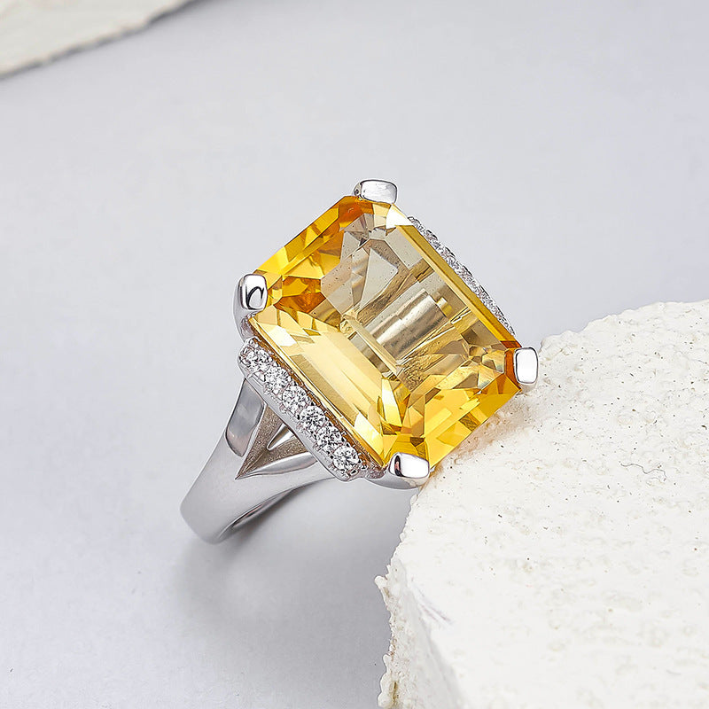 S925 Silver Delicate Fashion Cut Citrine Geometric Open Ring Simple Versatile Temperament Square Index Finger Ring Women