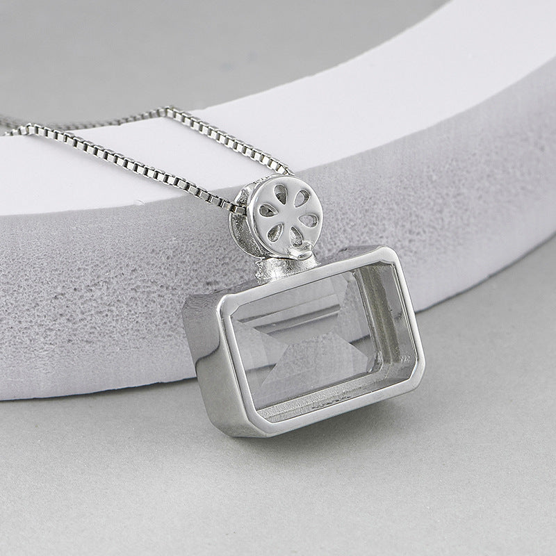 Square Crystal Pendant Necklace - 925 Silver Sugar Cube - Minimalist Perfume Bottle Design