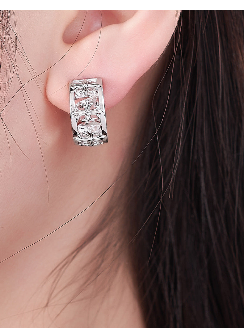 925 Sterling Silver Cross Pattern C-Shape Crystal Stud Earrings