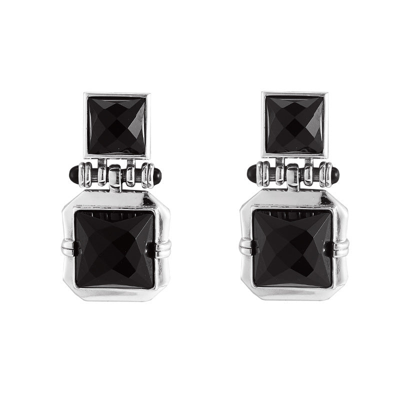 925 Sterling Silver Square Faceted Black Onyx Stud Earrings