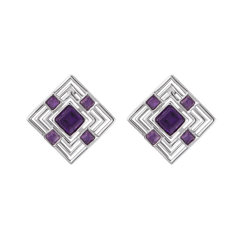 S925 silver natural amethyst stud earrings hollow rhombus high-end temperament versatile earrings light luxury