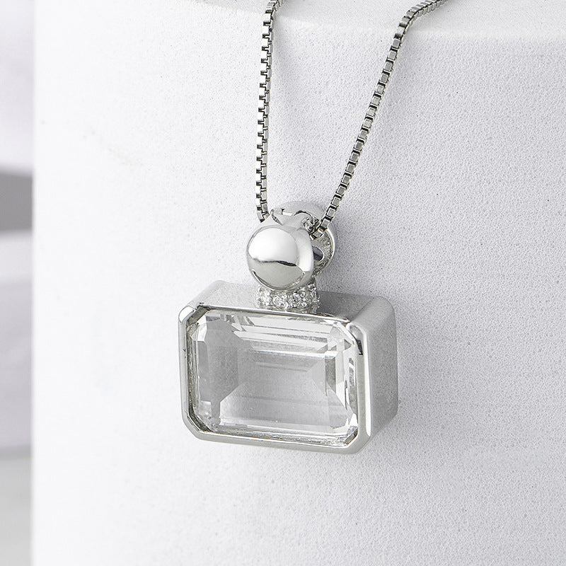 Square Crystal Pendant Necklace - 925 Silver Sugar Cube - Minimalist Perfume Bottle Design