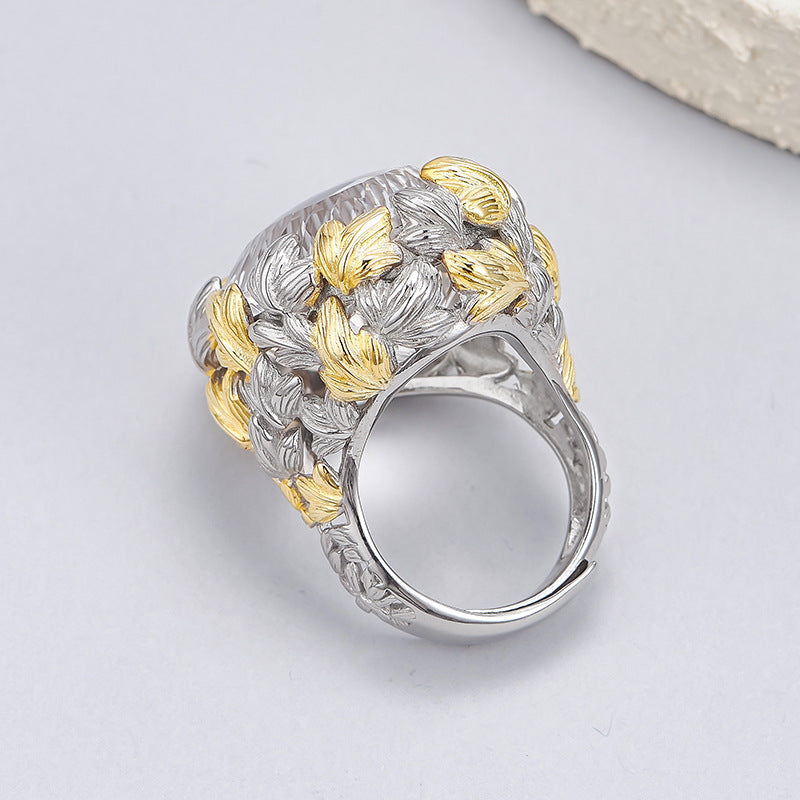 Hollow Leaf Crystal Ring - 925 Silver Exaggerated Design - Statement Citrine Index Finger Ring
