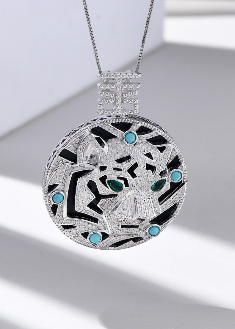 925 Sterling Silver Leopard Black Onyx Pendant Necklace - Statement Design