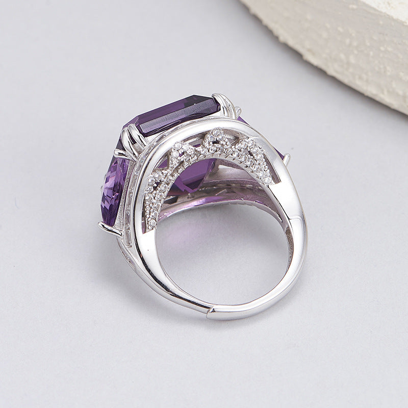 Natural Amethyst Geometric Ring - 925 Silver Flash Diamond - Statement Index Finger Ring