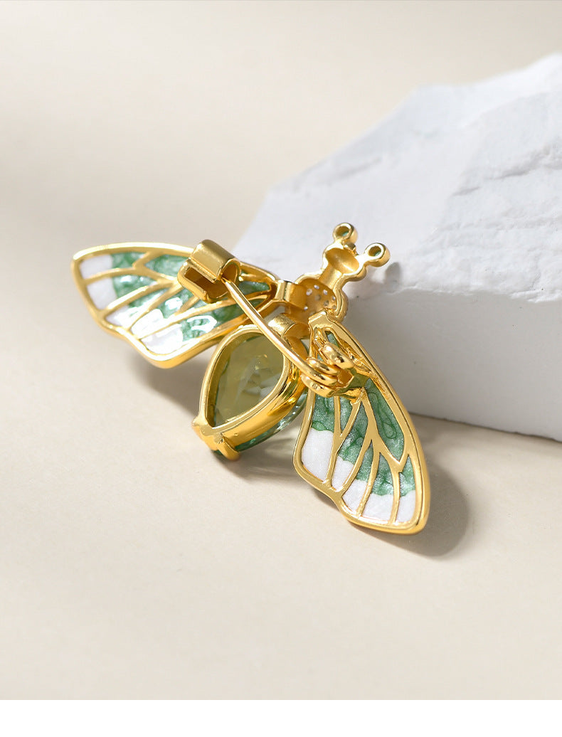 925 Sterling Silver Green Crystal Dragonfly Brooch Pin