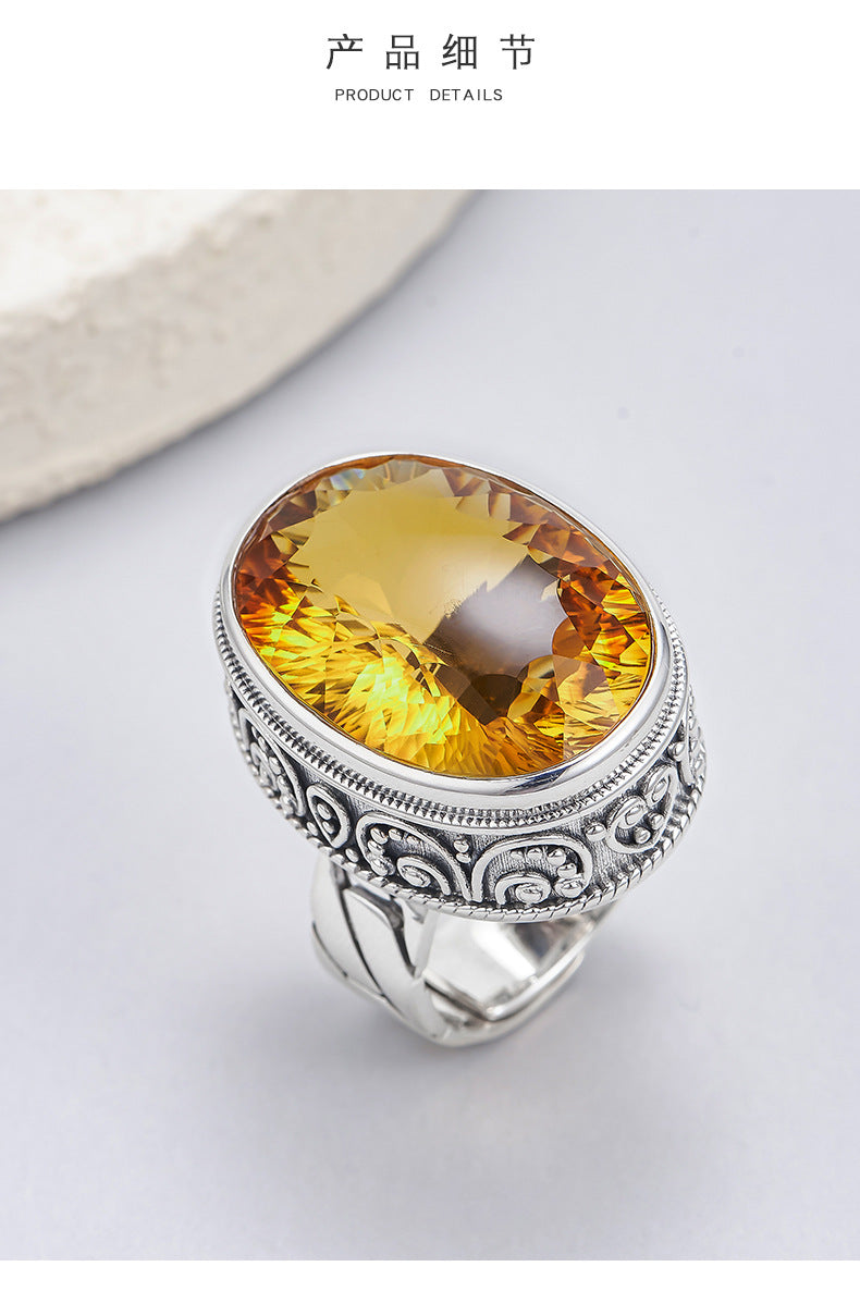 Exaggerated Oval Citrine Ring - 925 Silver Retro Pattern - Unisex Statement Ring