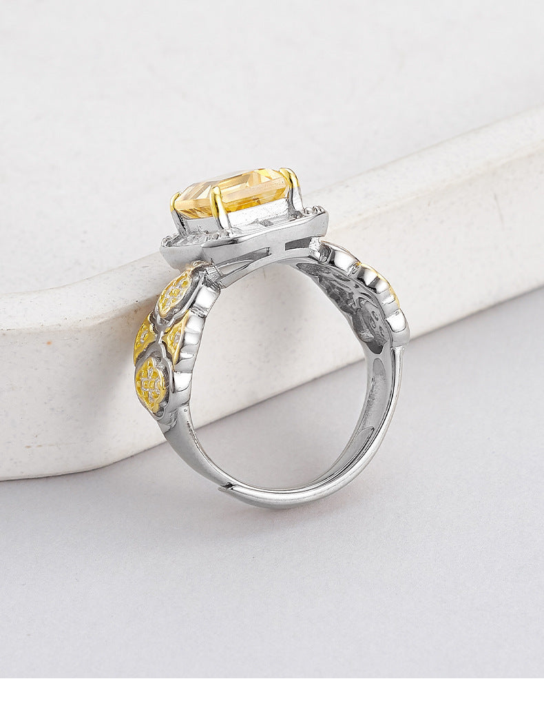 Hollow Flower Citrine Ring - 925 Silver Italian Craft - Geometric Opening Index Finger Ring