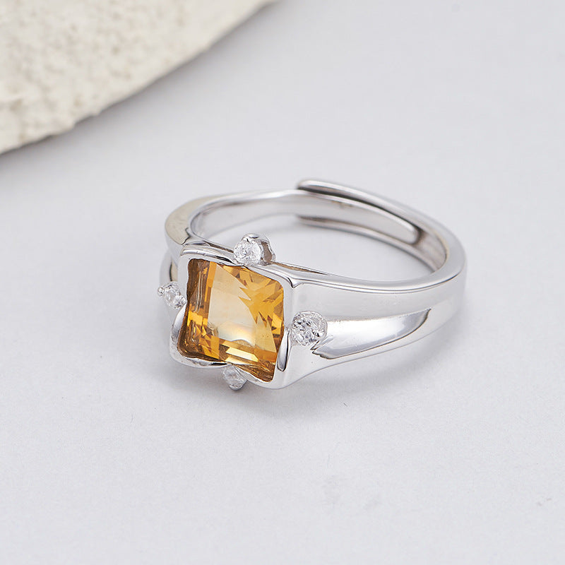 S925 silver natural crystal square ring fashionable versatile niche design adjustable index finger ring women