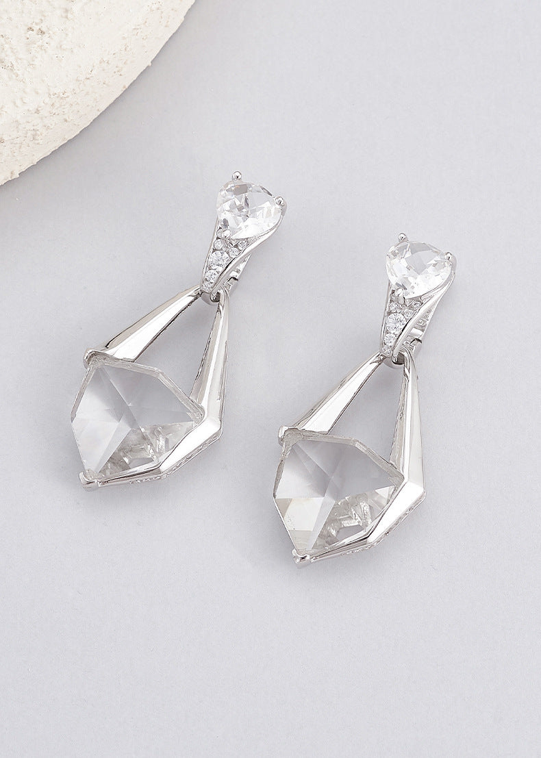 925 Sterling Silver Faceted White Crystal Geometric Dangle Earrings
