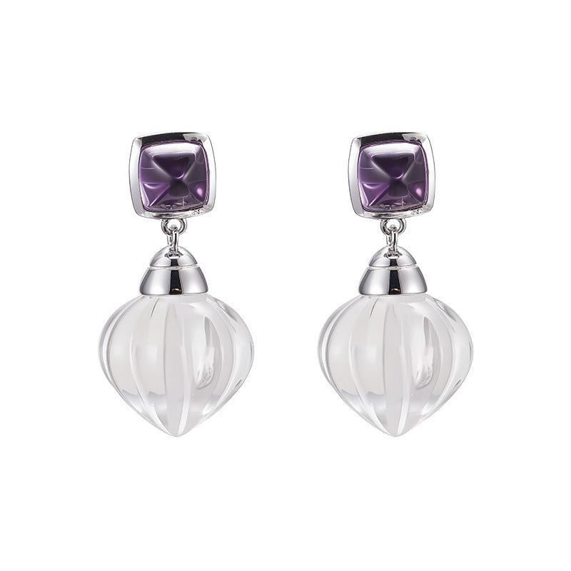 Pumpkin Bead Crystal Stud Earrings - 925 Sterling Silver with White Quartz & Amethyst