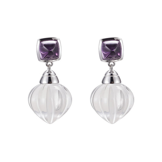 Pumpkin Bead Crystal Stud Earrings - 925 Sterling Silver with White Quartz & Amethyst