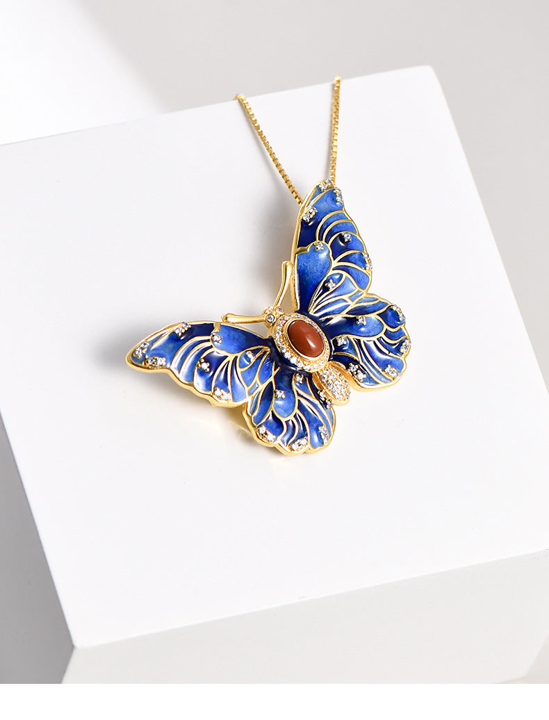 Butterfly Pendant Brooch - 925 Sterling Silver Convertible Necklace & Pin - Ethnic Design
