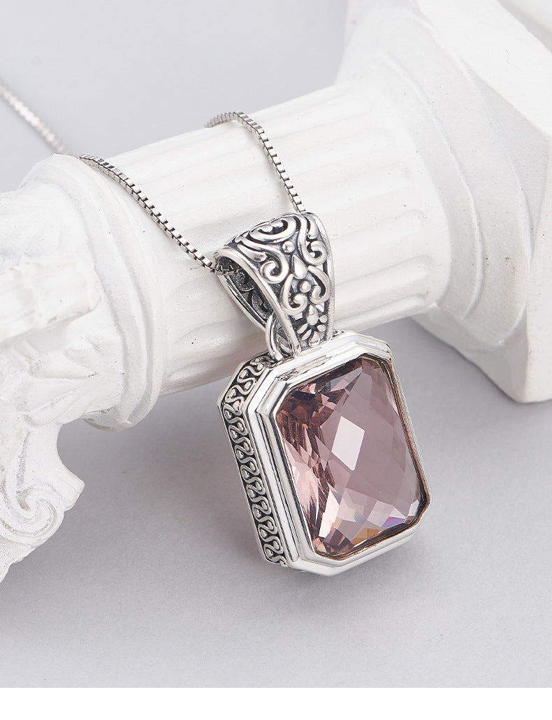 S925 Sterling Silver Morganite Square earrings rings Pendant Necklace Set