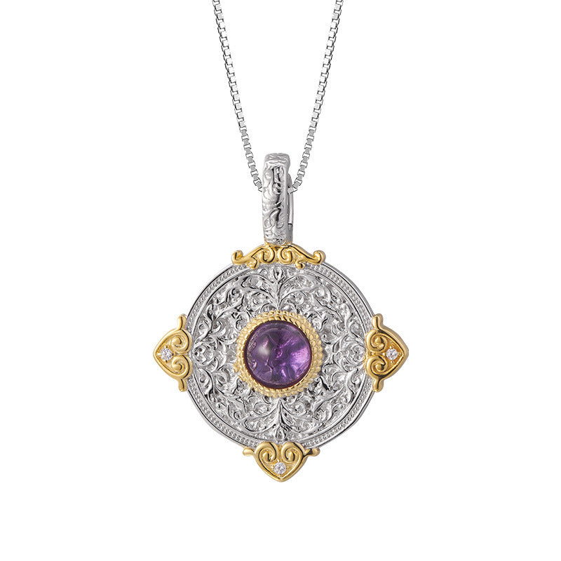 925 Sterling Silver Amethyst Double-Sided Round Pendant Necklace - Chinese Style