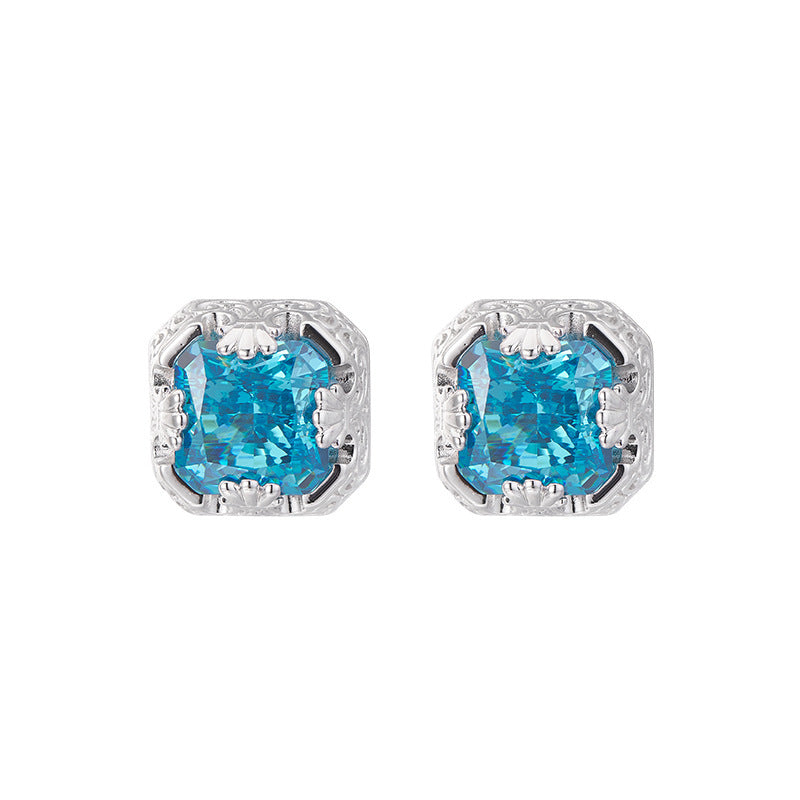 925 Sterling Silver French Vintage Aquamarine Square Stud Earrings