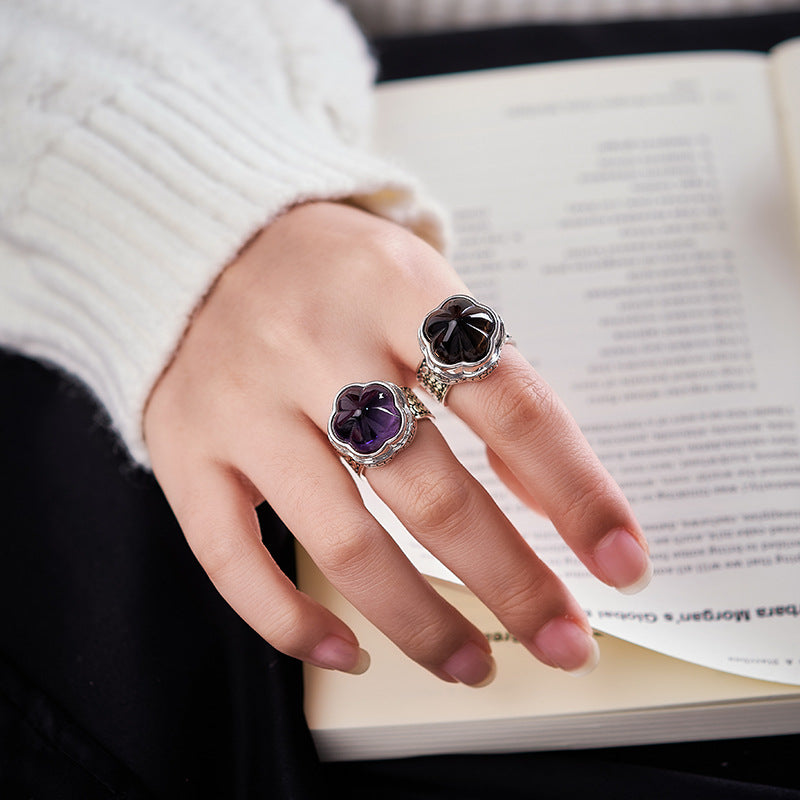 S925 silver natural amethyst plum blossom wide version ring retro niche design tea crystal index finger ring women