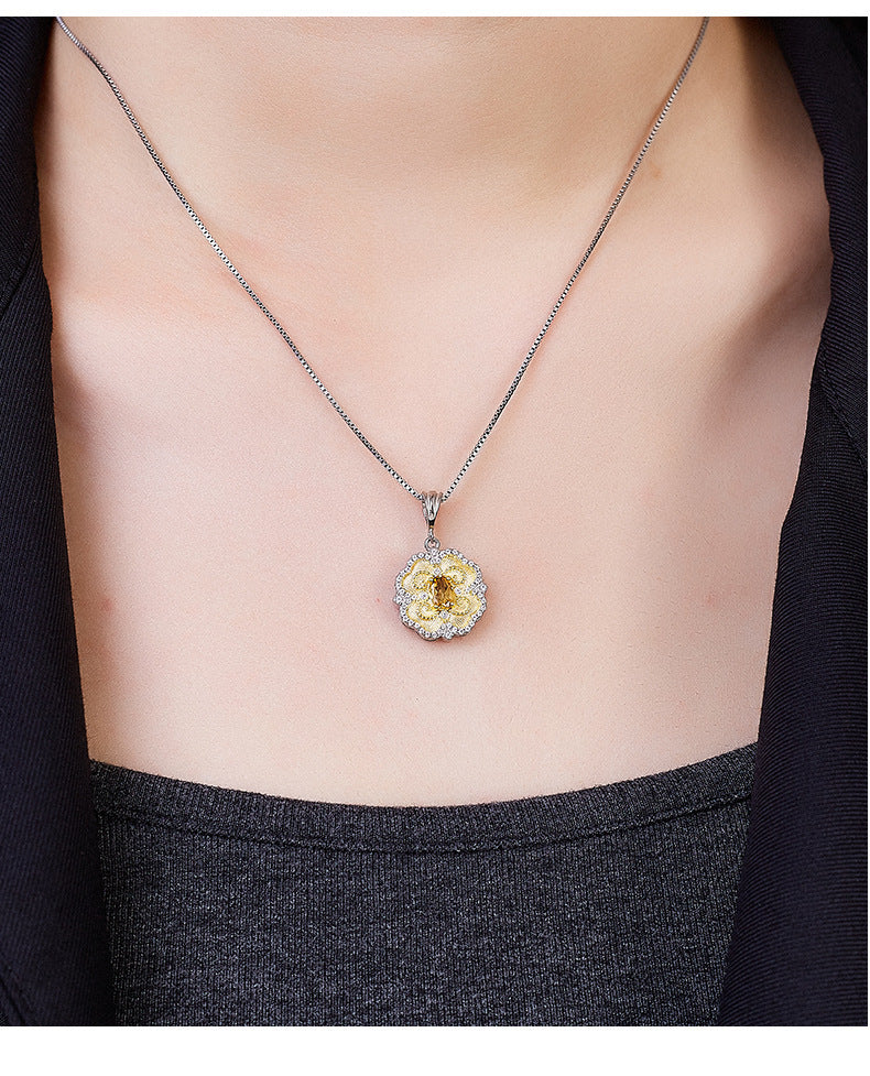 925 Sterling Silver Citrine Lace Pendant Necklace - Elegant Design