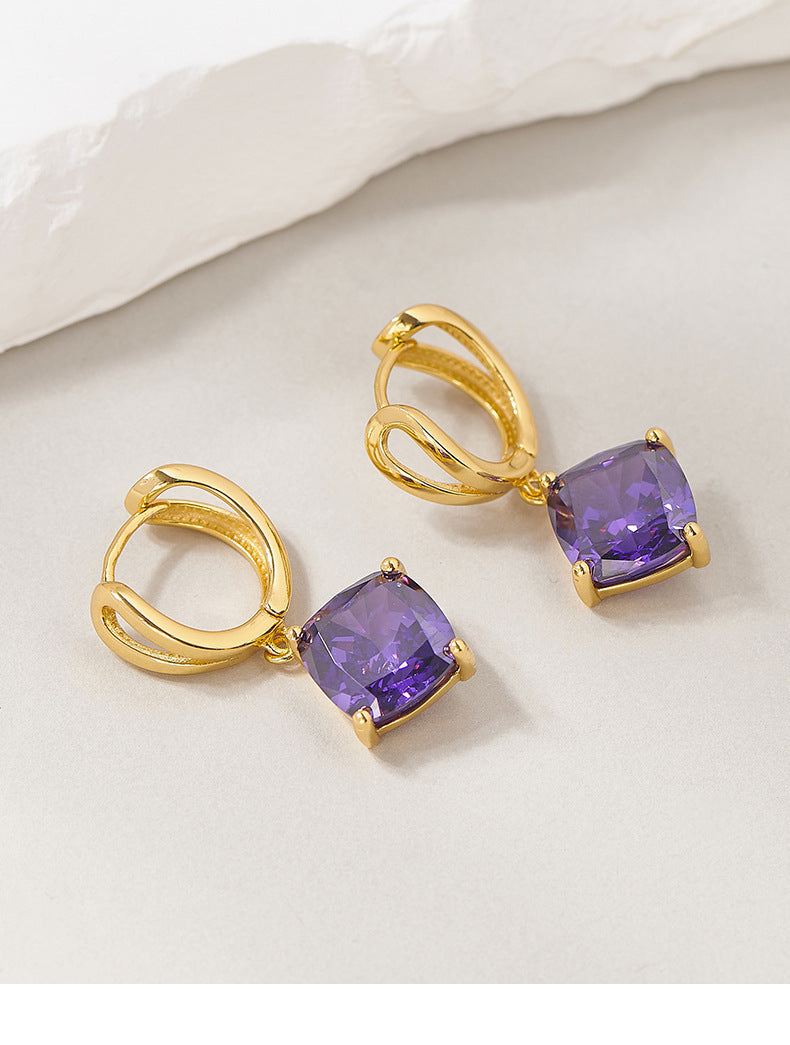 925 Sterling Silver Gold Plated Geometric Purple Stone Dangle Earrings - French Vintage