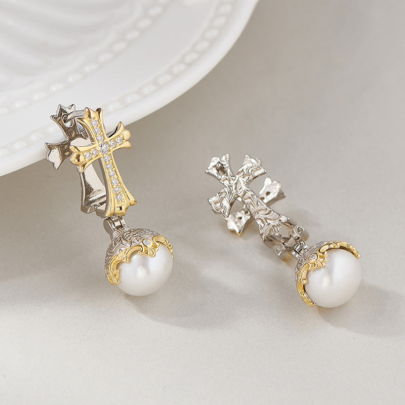 Vintage Inspired Pearl Cross Earrings - Sterling Silver Arabesque Detail - Unisex Clip-On Elegance