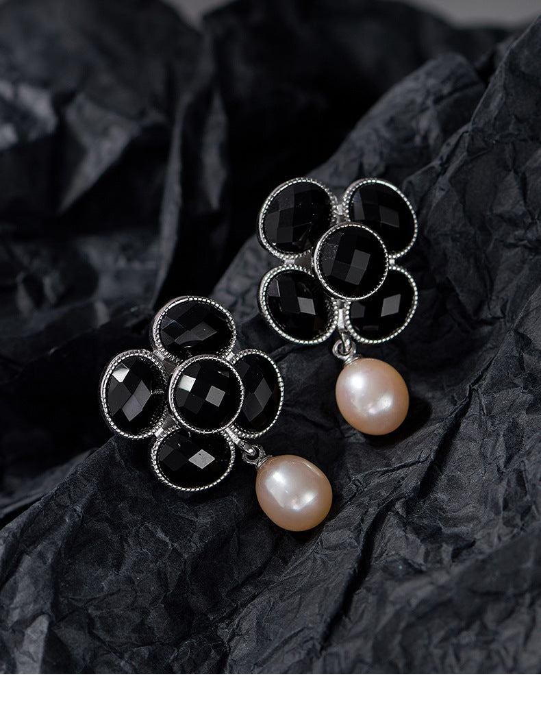 925 Sterling Silver Black Onyx Pearl Camellia Stud Earrings - French Design