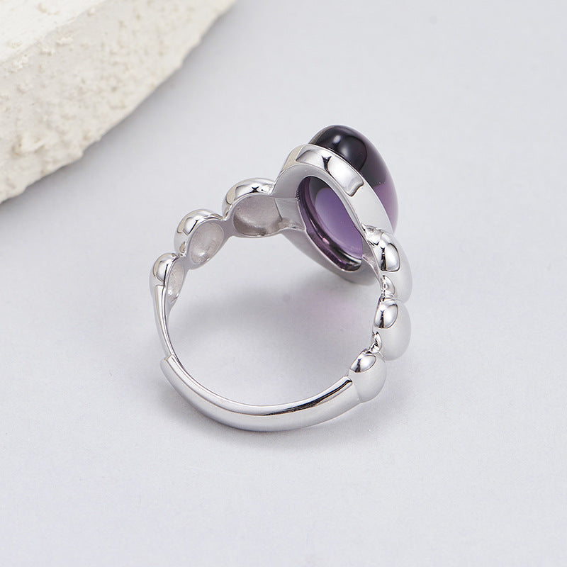 Geometric Natural Amethyst Ring - 925 Silver Cold Wind - Light Luxury Versatile Design