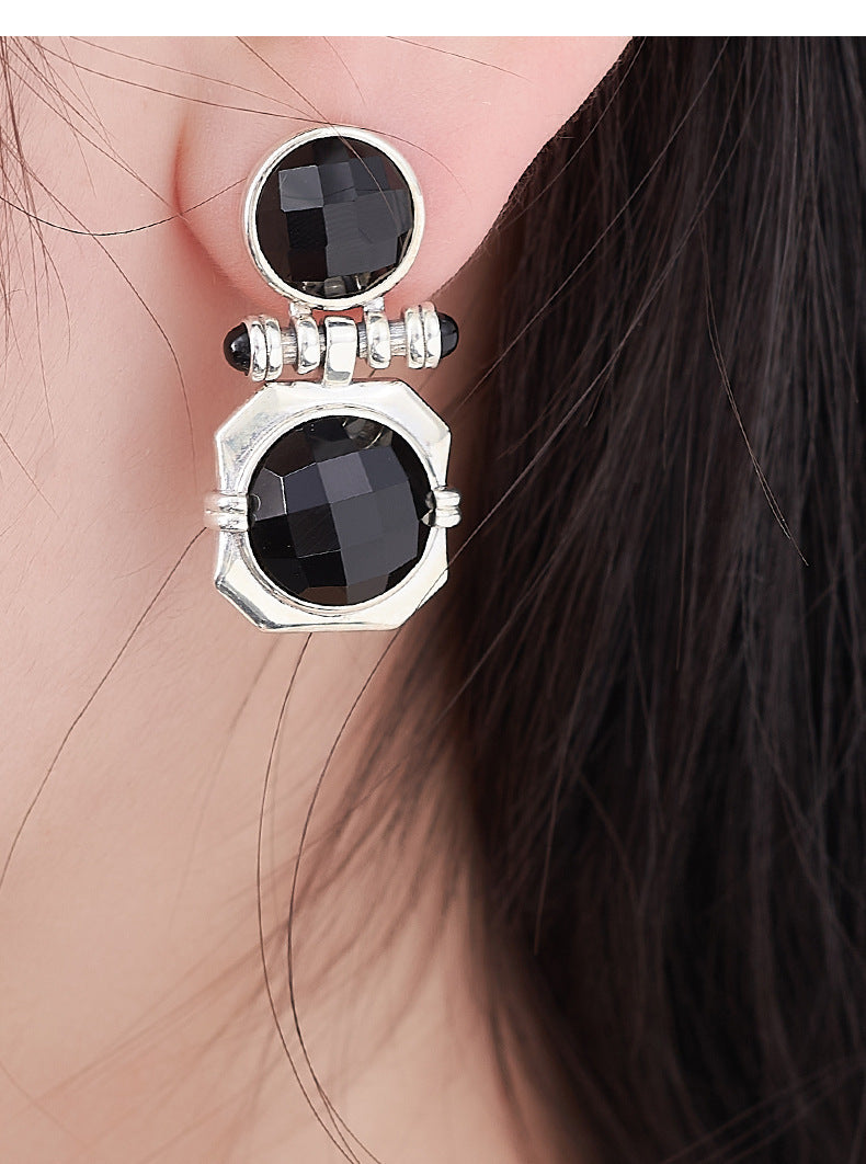 Faceted Onyx Stud Earrings - Solid 925 Silver Setting