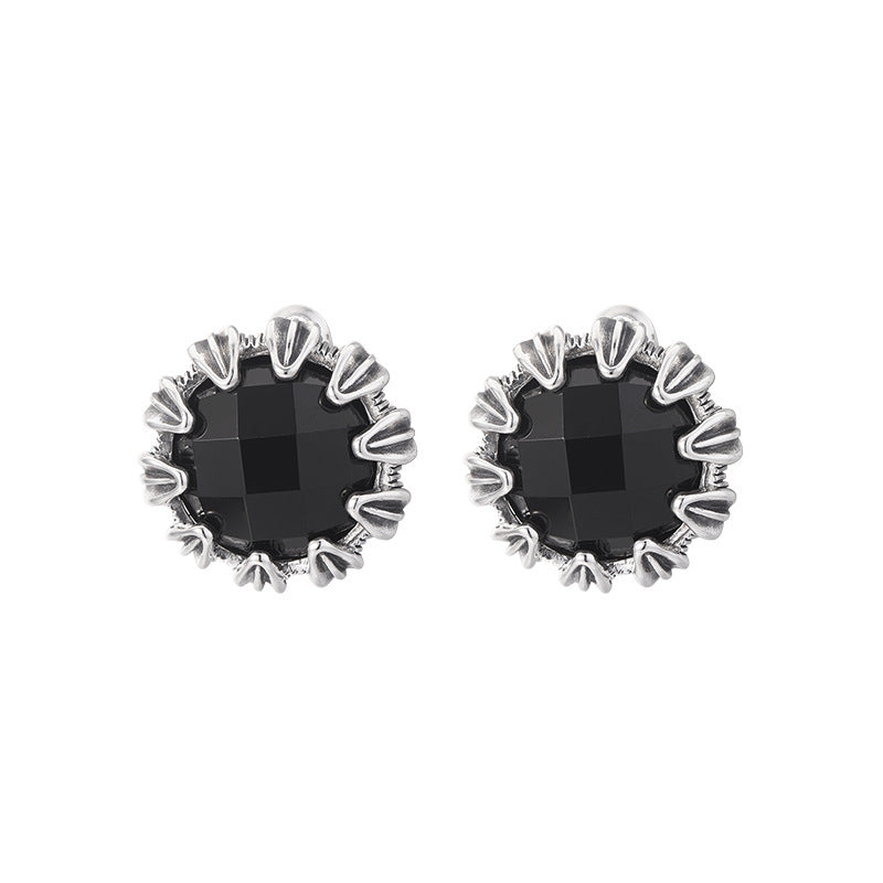 925 Sterling Silver Faceted Black Onyx Round Hoop Earrings