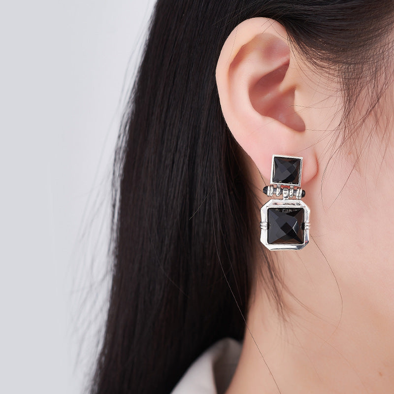 925 Sterling Silver Square Faceted Black Onyx Stud Earrings