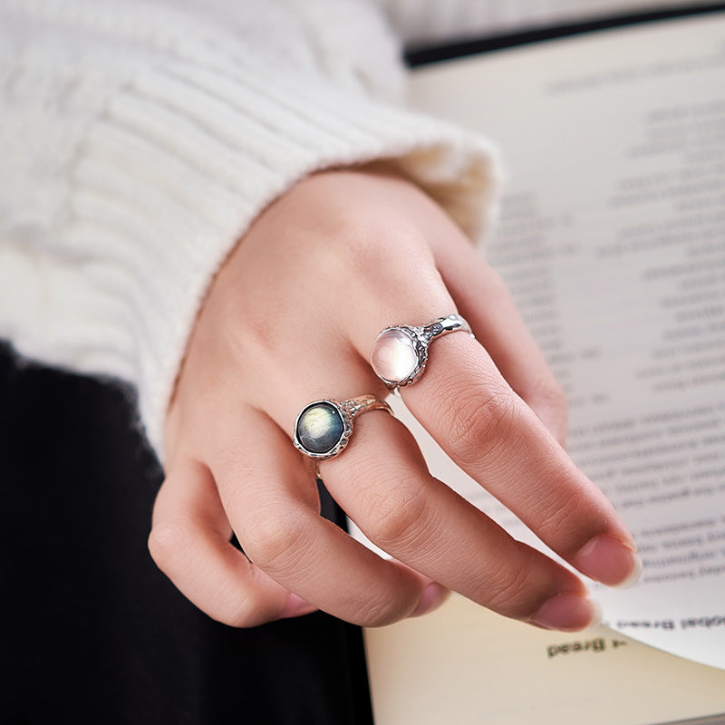 S925 silver powder crystal ring texture compact geometric adjustable ring