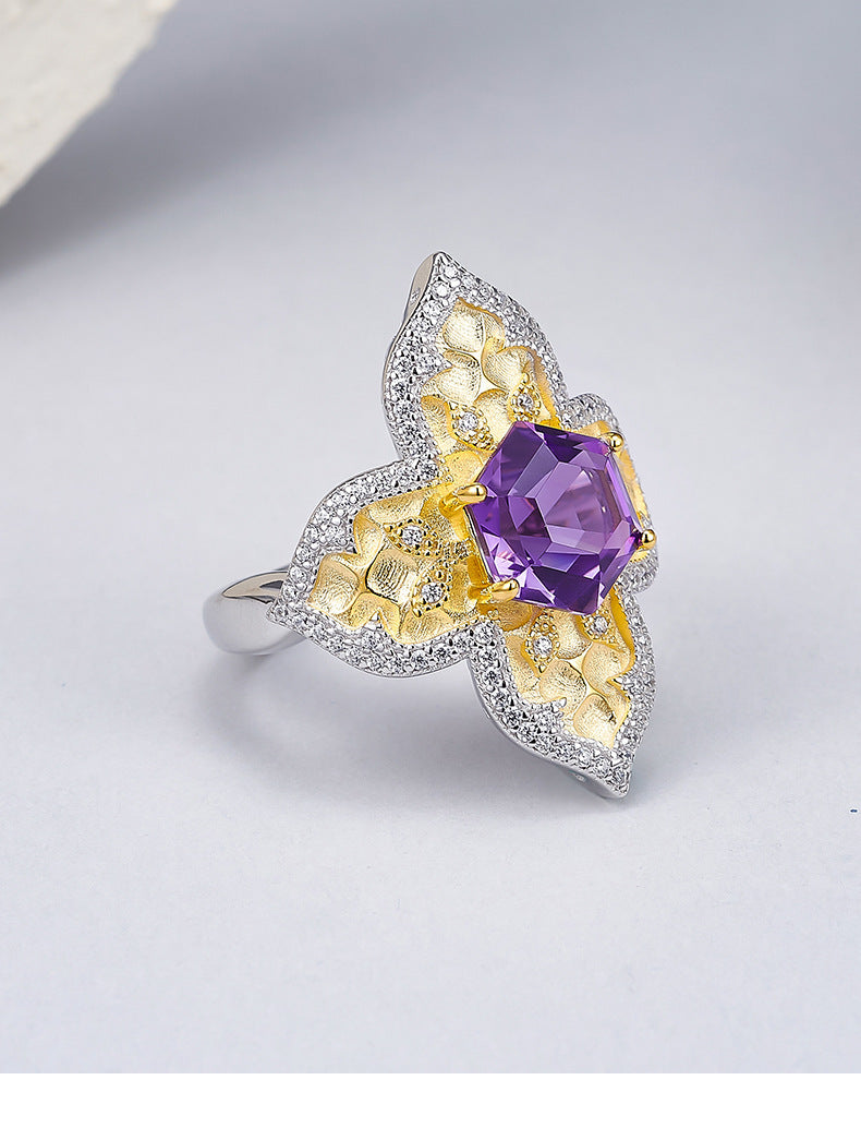 925 Sterling Silver Italian Faceted Amethyst Flower Open Ring