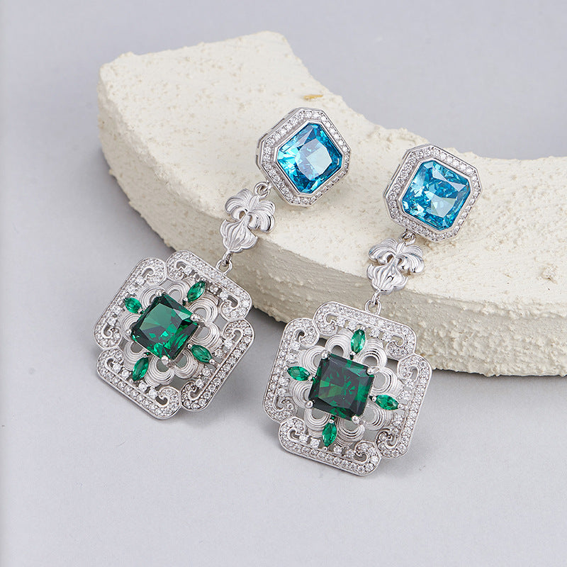 S925 silver long stud earrings retro synthetic emerald geometric high-end temperament earrings