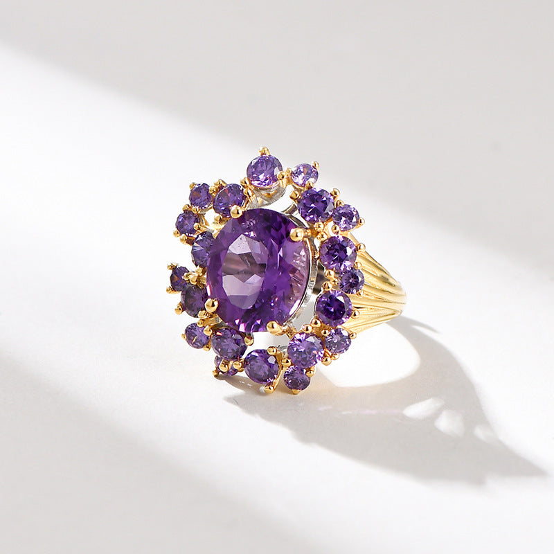 Secret Garden Amethyst Flower Ring - 925 Silver Full Diamond - Light Luxury Opening Ring