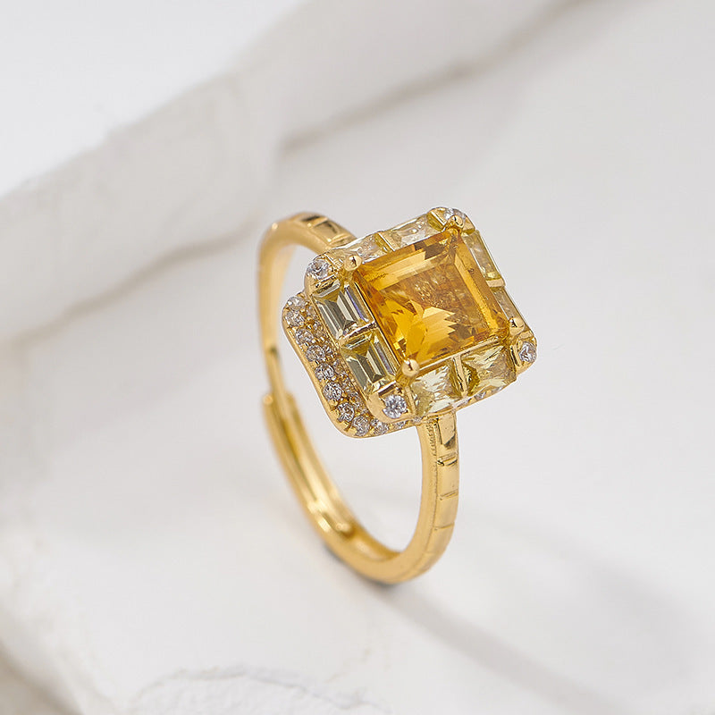 Square Citrine Ring - 925 Silver Super Flash - Niche Design Opening Index Finger Ring