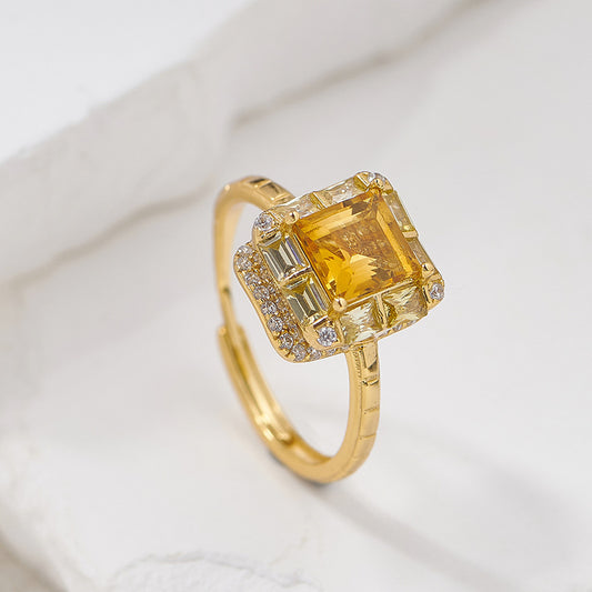 Square Citrine Ring - 925 Silver Super Flash - Niche Design Opening Index Finger Ring
