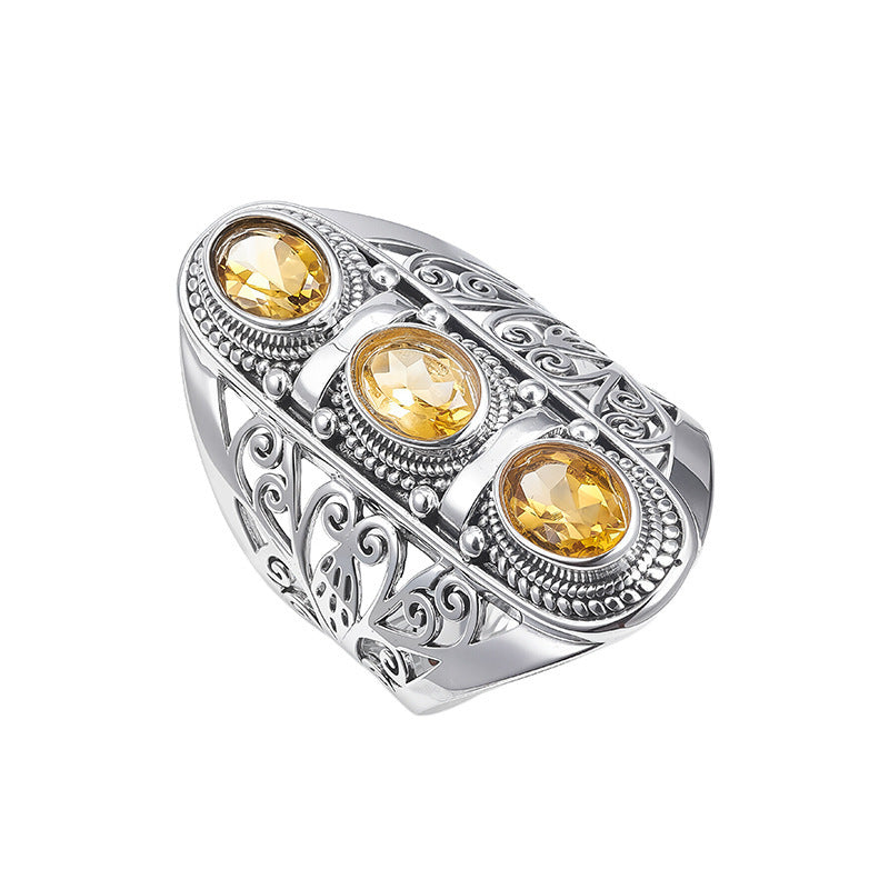 925 Sterling Silver Hollow Citrine & Peridot Adjustable Ring - Vintage Court Style