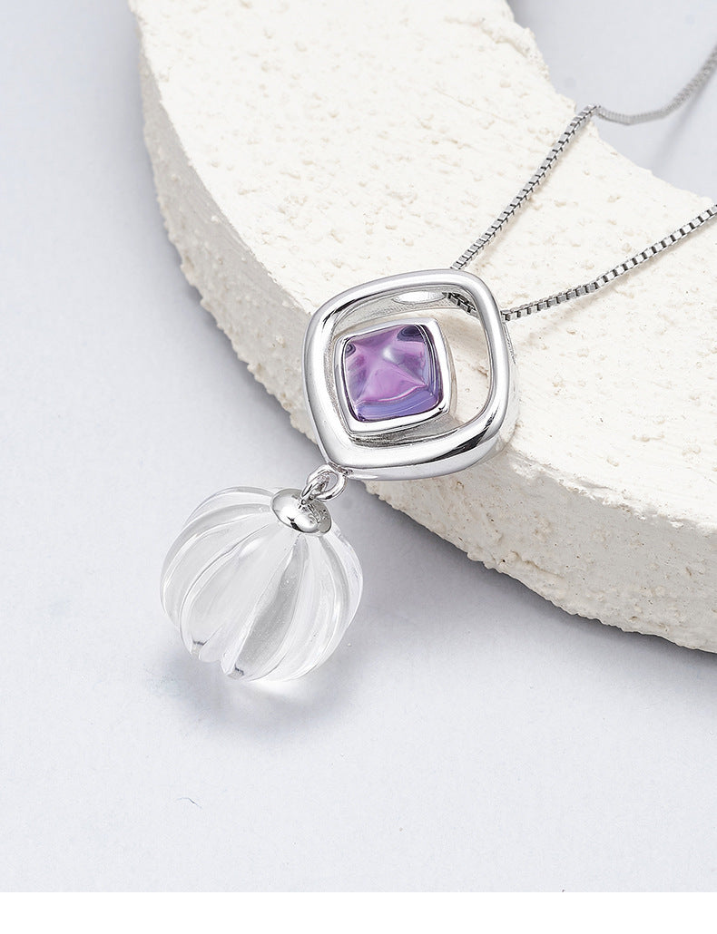 S925 silver rhombus hollow amethyst stud earrings pumpkin beads white crystal earrings simple niche design geometric set