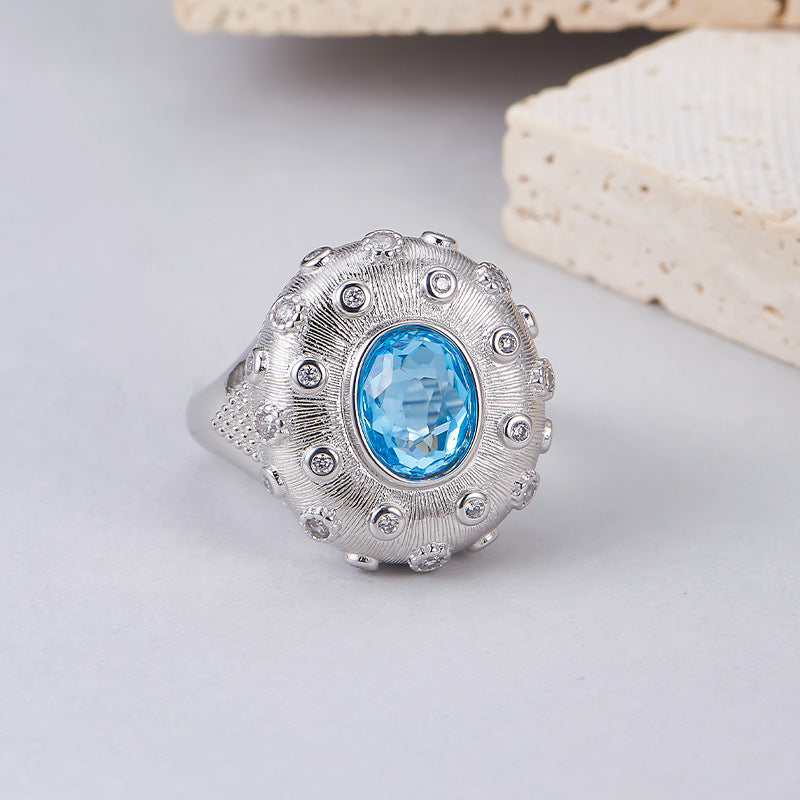 925 Sterling Silver Brushed Oval Topaz Ring with Crystals - Court Style Open Ring