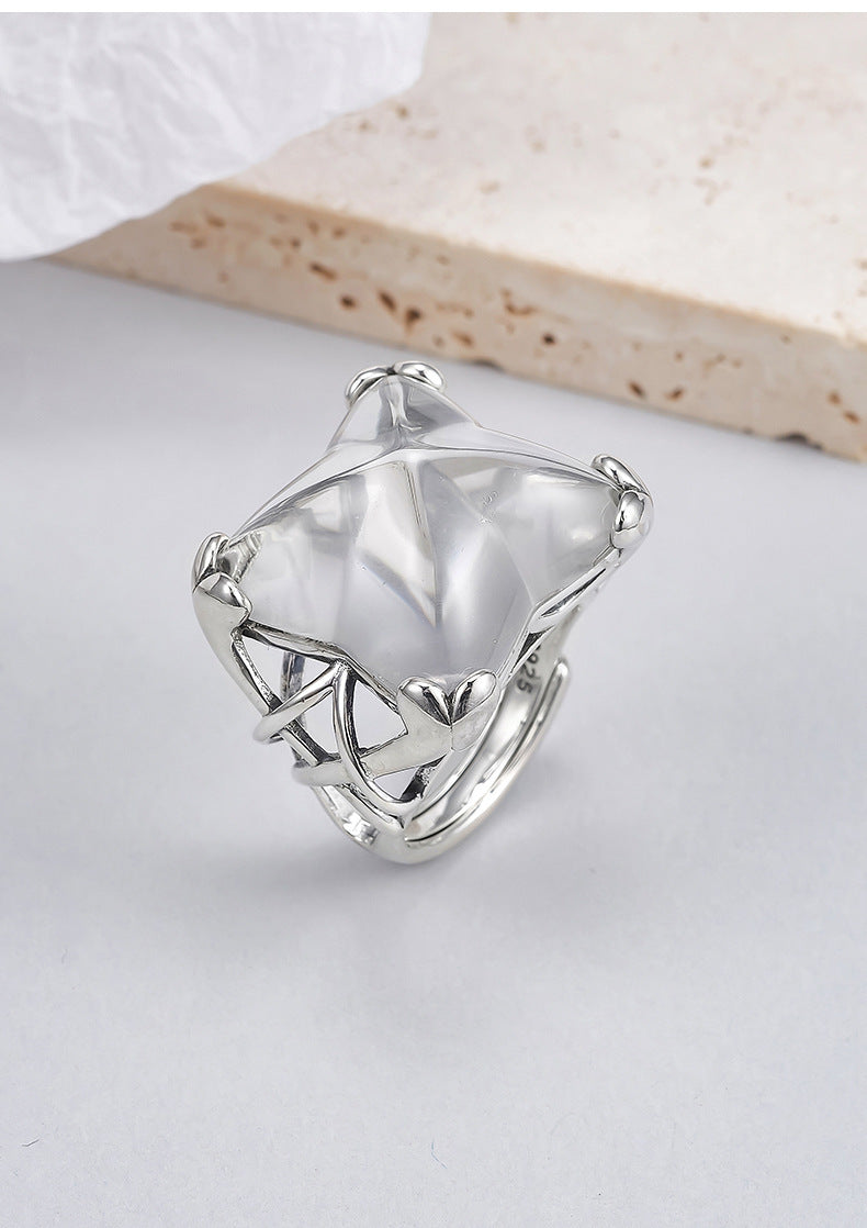 Hollow Geometric Crystal Ring - 925 Silver Large Opening - Exaggerated Index Finger Ring