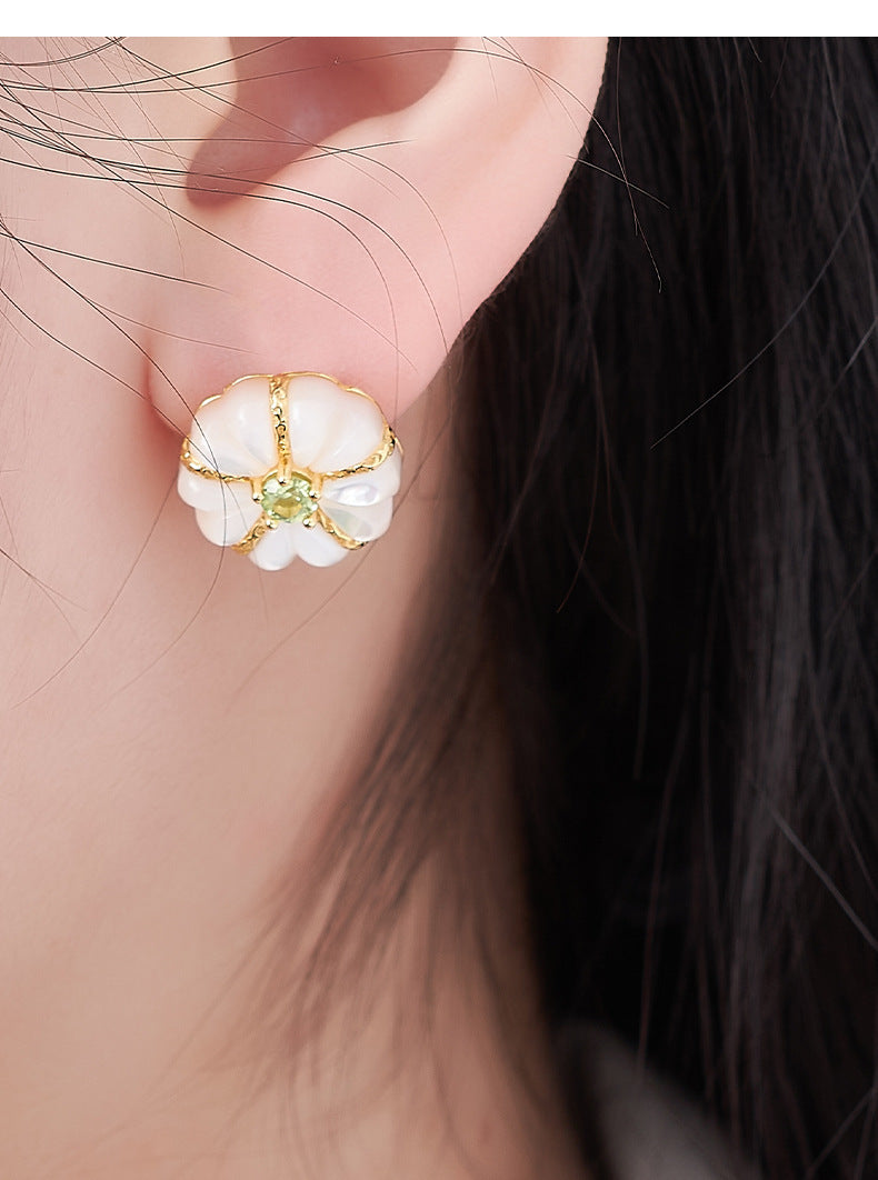 925 Sterling Silver White Shell Peridot Flower Stud Earrings - French Vintage