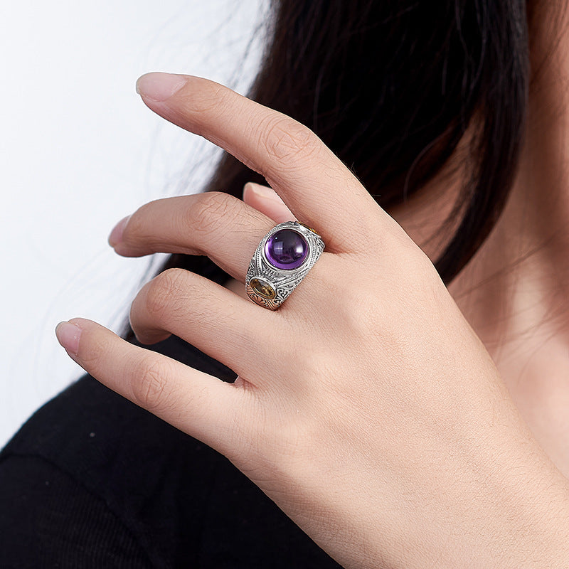 925 Silver Amethyst Adjustable Ring - Floral Vintage Design