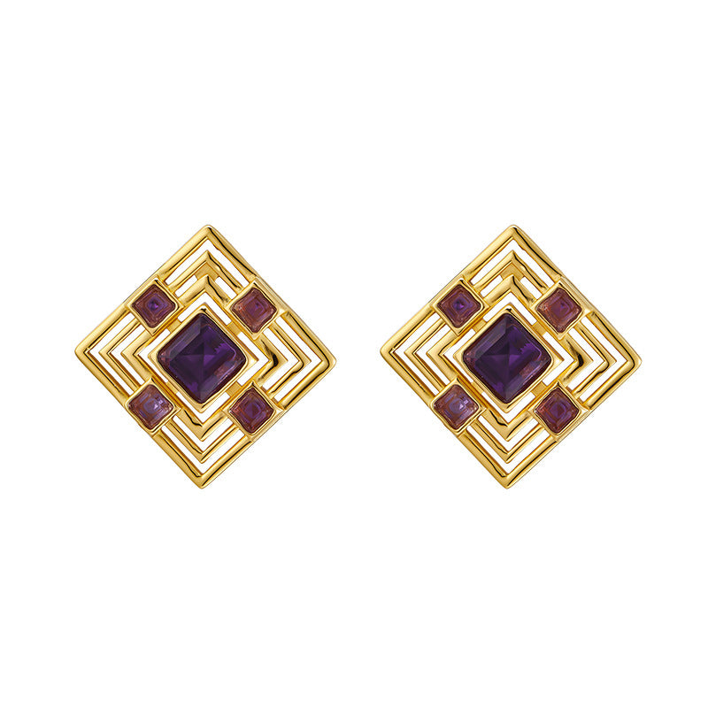 S925 silver natural amethyst stud earrings hollow rhombus high-end temperament versatile earrings light luxury
