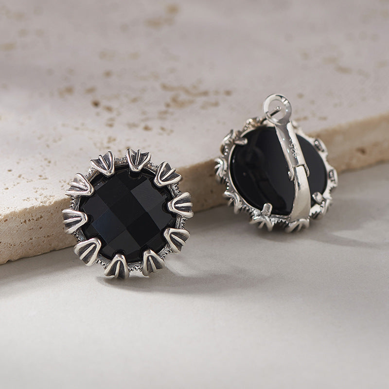 925 Sterling Silver Faceted Black Onyx Round Hoop Earrings