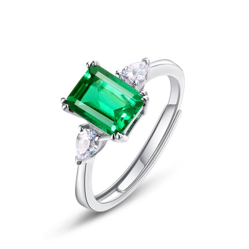 S925 Sterling Silver Princess Square Cultivated Emerald Ring