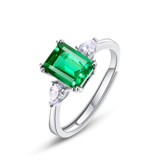 S925 Sterling Silver Princess Square Cultivated Emerald Ring
