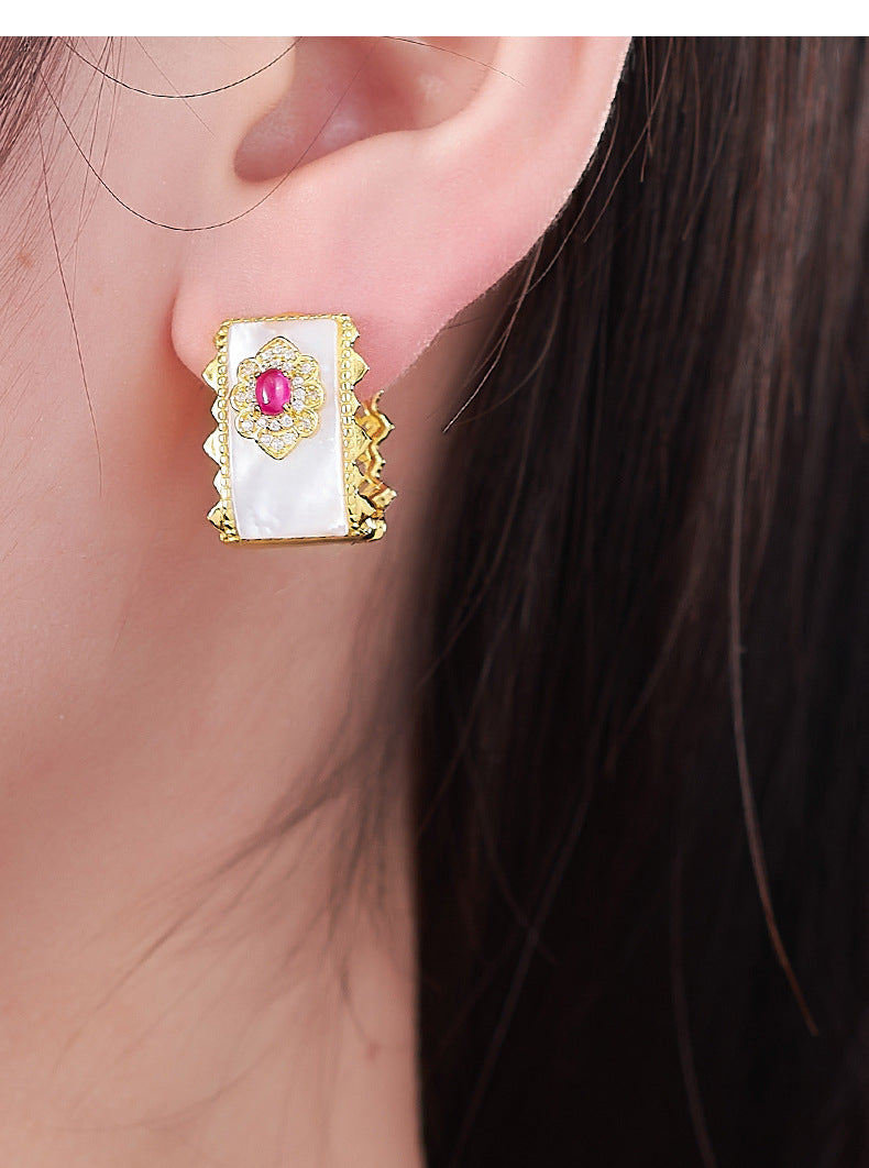 Retro light luxury red corundum ear buckle s925 silver hollow white shell wide-faced earrings temperament exquisite medieval earrings women