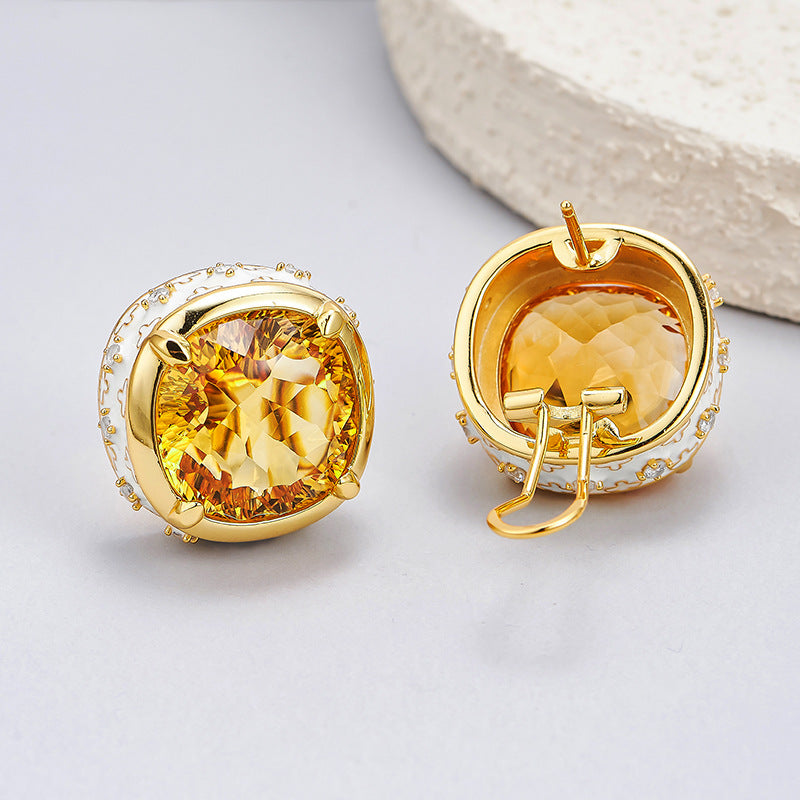 Luxury Enamel Citrine Earrings | 925 Sterling Silver | Medieval Geometric Statement Earrings