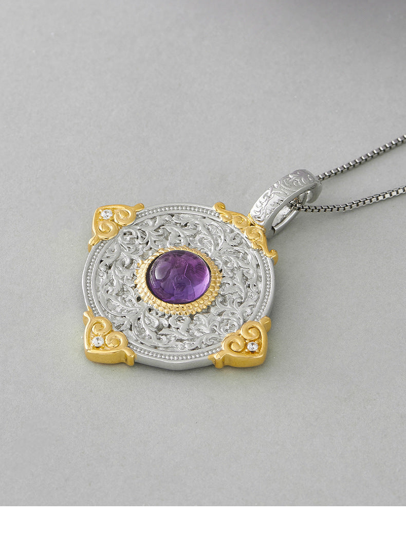 925 Sterling Silver Amethyst Double-Sided Round Pendant Necklace - Chinese Style