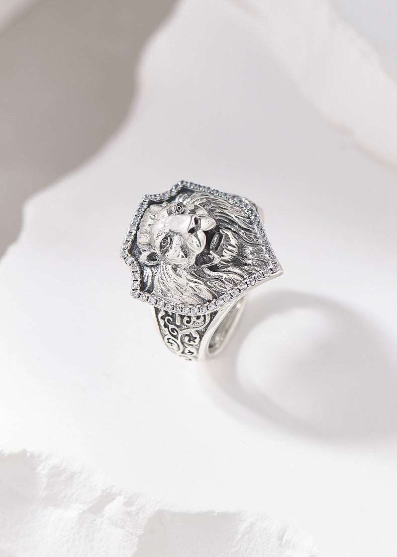 Lion Head Signet Ring - Arabesque Sterling Silver Statement Ring - Adjustable & Bold